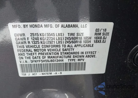 2018 Honda Pilot Ex-L из США, поврежденный, VIN 5FNYF5H59JB013444